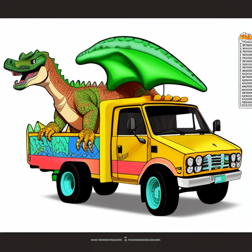 AI generated: Pagina para colorear de un dinosaurio conduciendo una camioneta, dibujo para niños