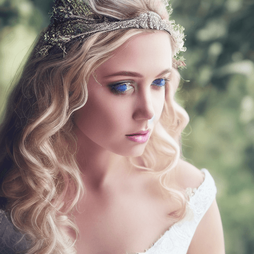 AI generated: Detailed and realistic portrait of a bride with blue eyes, long blonde wavy hair and a delicate tiar...