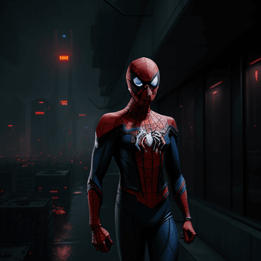 AI generated: Spider-man strolls through a dark city rendered in Cyberpunk style CG