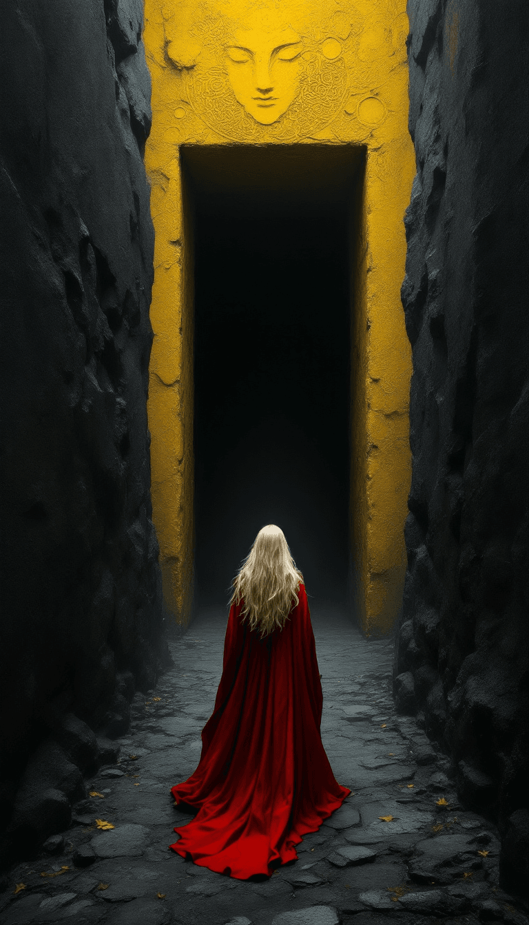 AI generated: A high-quality, zoomed out, panoramic, atmospheric classic painting depicting a lone female figure w...