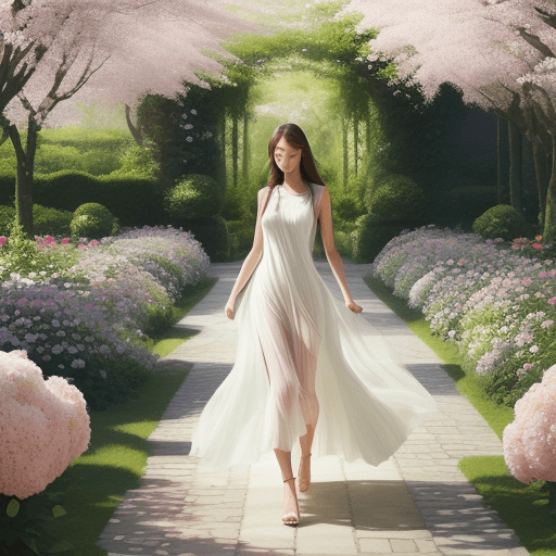 AI generated: A model wearing flowing, airy dress walking gracefully along a winding path in a lush garden surroun...