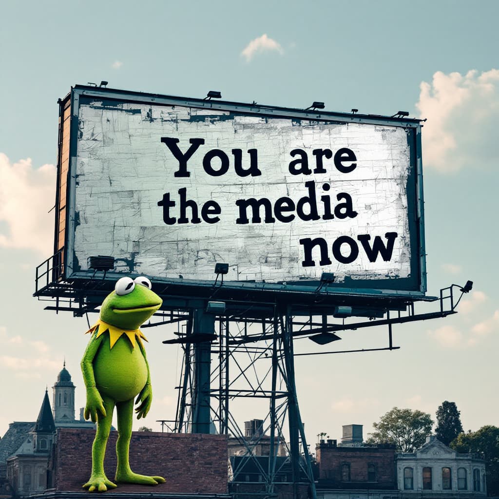 AI generated: pepe the frog with a billboard that says "You are the media now"