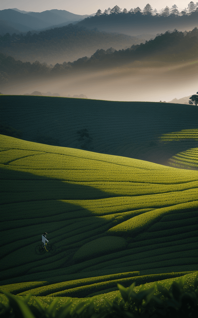 AI generated: /imagine prompt: Riding a mountain bike amidst neatly manicured tea gardens, morning sunlight castin...
