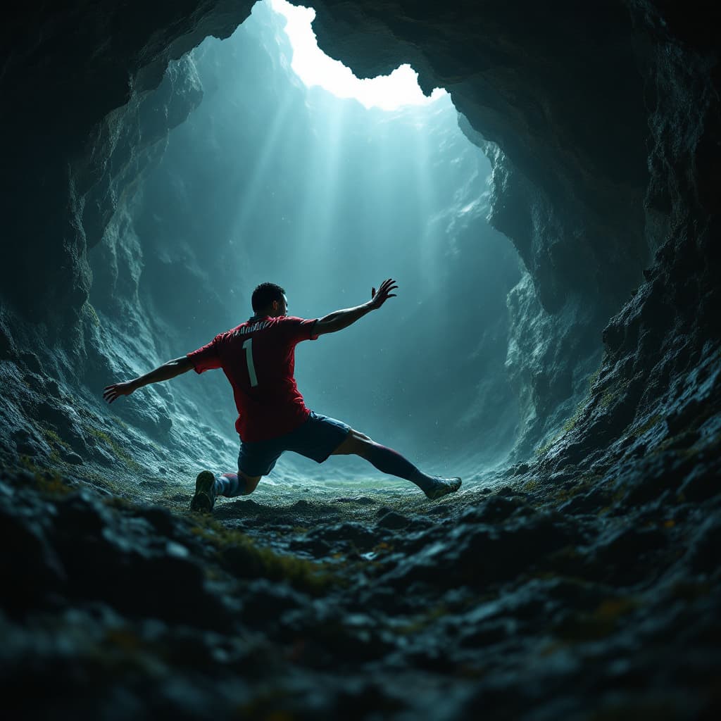 AI generated: Ronaldo scoring an unbelievable goal in a cave incredibly lost and screaming, 8k, HD, nanites, volum...