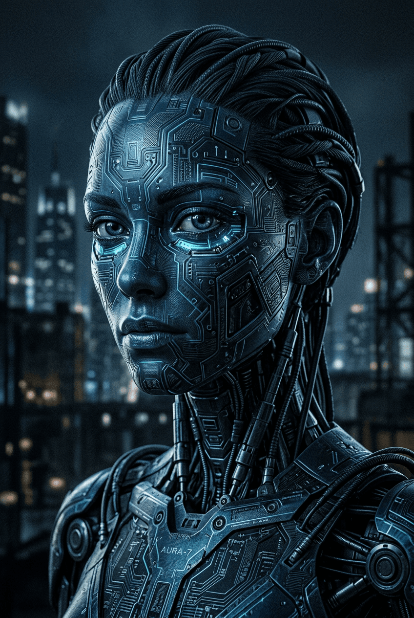 AI generated: A gritty digital photograph of an advanced humanoid robot's head and upper shoulders, 2/3 view, desi...