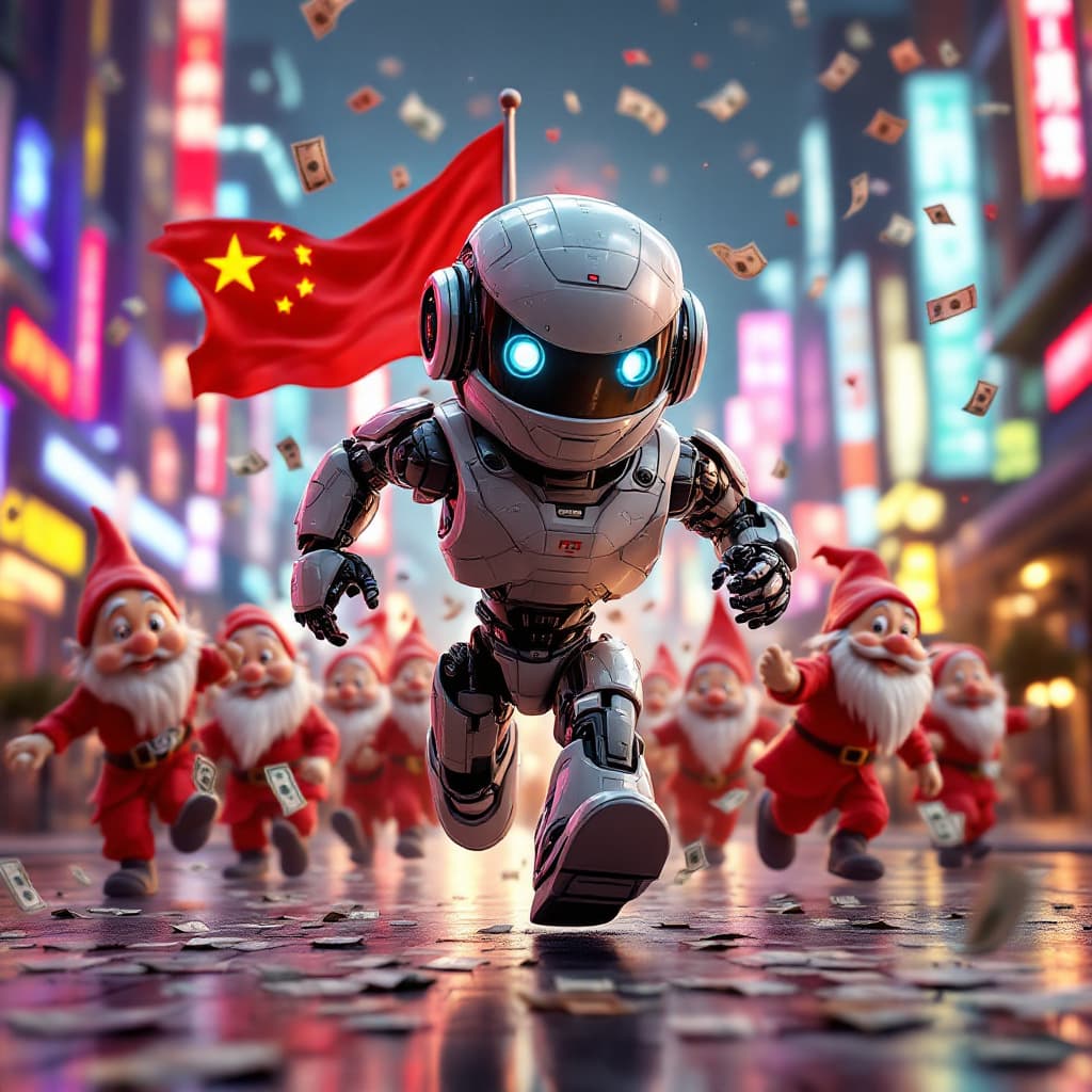 AI generated: Chinese robot, futuristic design, flag of China engraved in intricate details, running in the foregr...