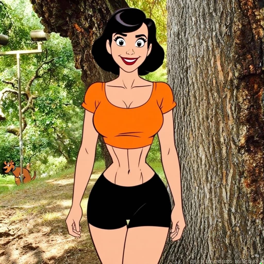 AI generated: velma from scooby-doo, beautiful charismatic girl, showing piercing, athletic body, a woman an orang...