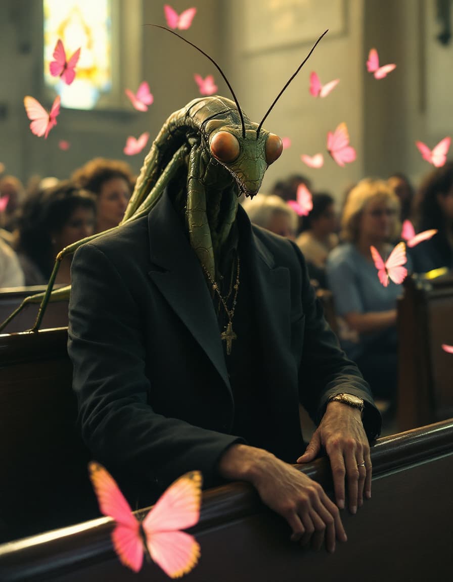 AI generated: a man is part human and part praying mantis as he attends church on sunday to seat himself in a pew....