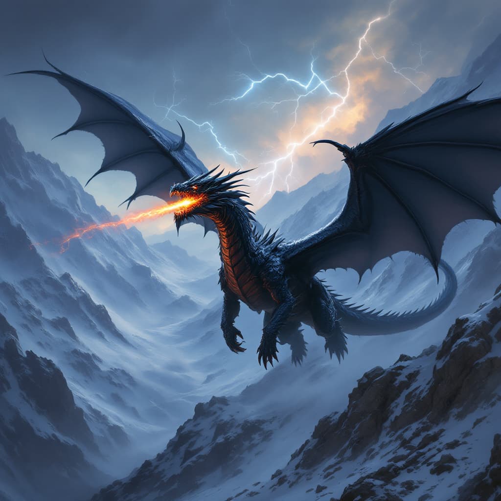 AI generated: "A black dragon flying through snowy mountains, with huge wings and fire coming out of its mouth whi...
