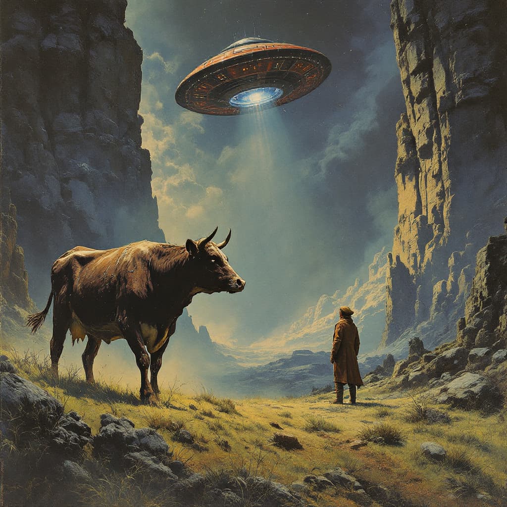 AI generated: a spacecraft abducting a cow. pulp poster style