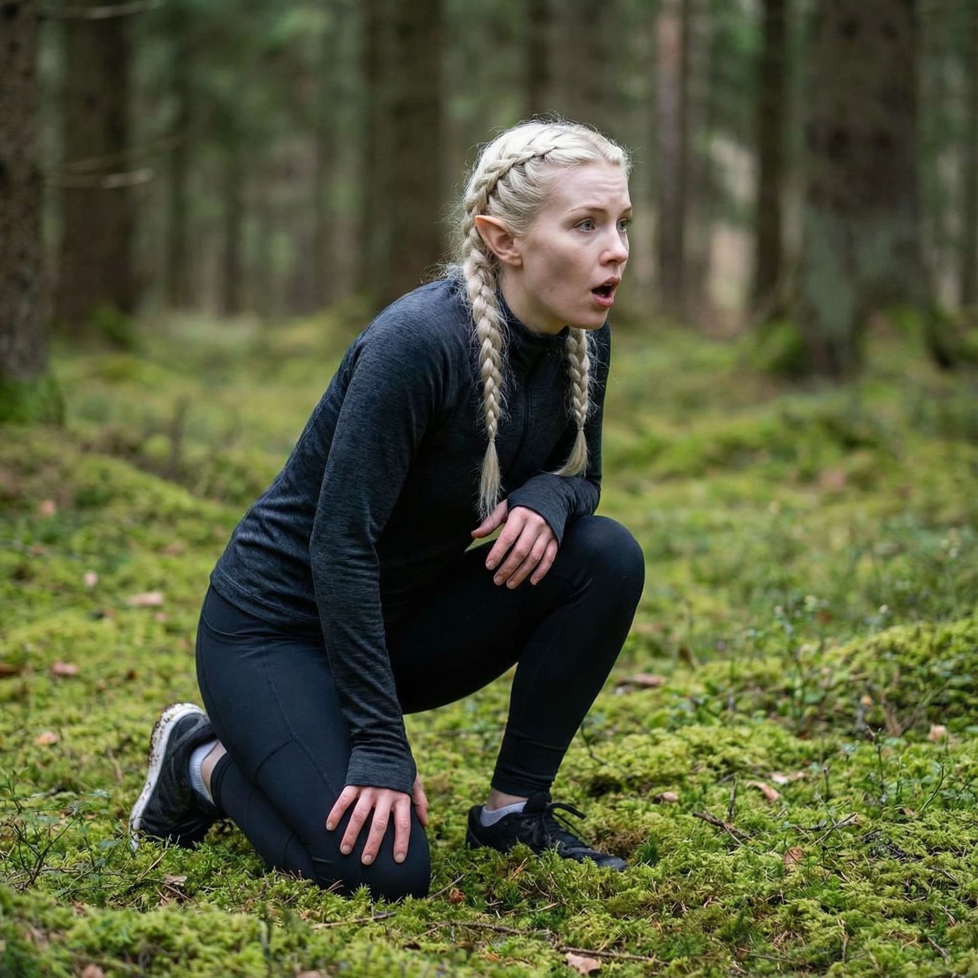 AI generated: white-skinned athletic figured elf on knees with open mouth