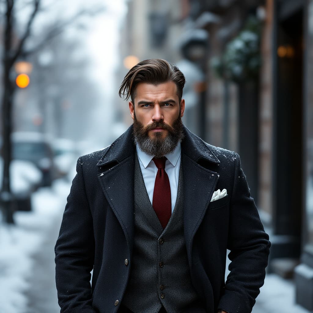 AI generated: A rich strong man with a stylish hairstyle and no beard, dressed in an expensive suit, walking down ...
