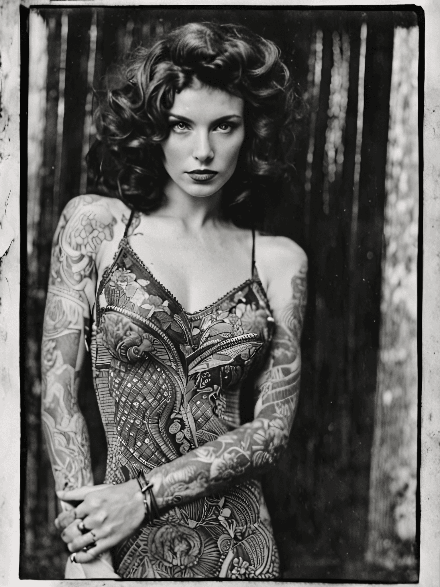 AI generated: analog film photo breathtaking Beautiful Enigmatic tattooed, Lilith, wearing a worn black dress, at ...