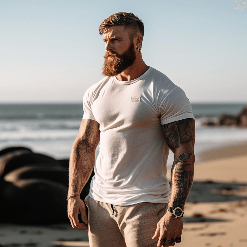 AI generated: Imperfect Streetstyle photo of big muscular, muscular tattoo biceps, 28 year old dressed casually in...