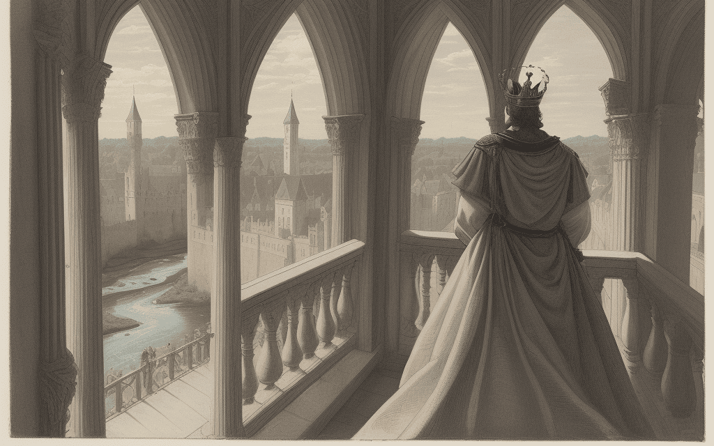 AI generated: Third person view from behind the back of a king with a crown who stands on a balcony overlooking th...