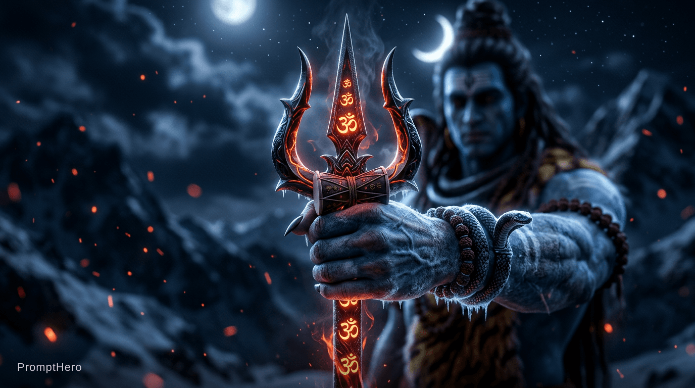 AI generated: A divine cinematic close-up of Lord Shiva’s powerful hand gripping a trident, shown in a dramatic lo...