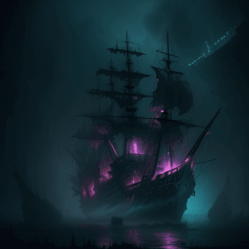 AI generated: Ultra resolution 8K Illustration of a ghost ship might night, phantoms flying surround, scared, nigh...