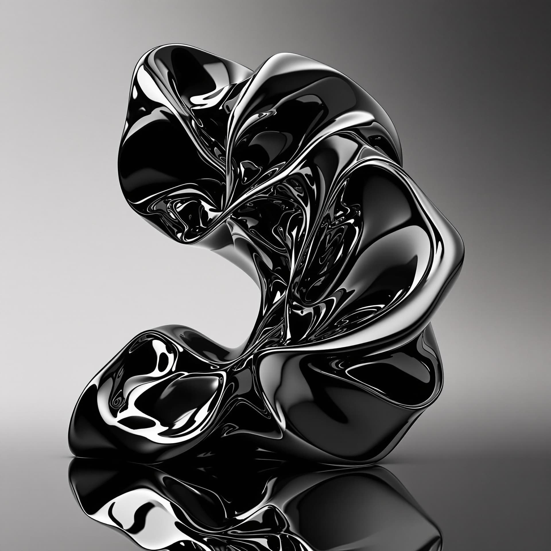 AI generated: highly reflective, polished jet, distorted and twisted into abstract shapes, reflecting a cold, chro...