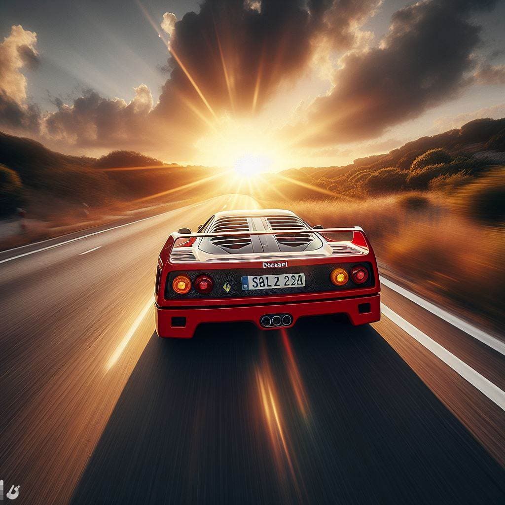 AI generated: ferrari f40 driving towards sunset
