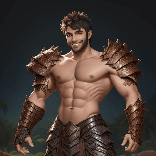 AI generated: A dark short hair man, draconic armour, scruffy, scales, shirtless, brown normal eyes, bright oasis ...