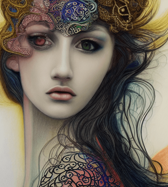 AI generated: coloured pencil drawing, high resolution 8k, Rothko 
 master painter, Byzantine artwork, 
young lady...