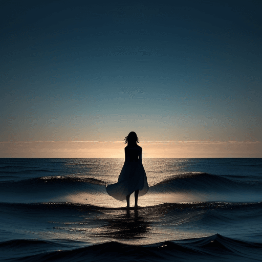 AI generated: he woman stands alone at the edge of the water, her silhouette framed against the vast expanse of th...