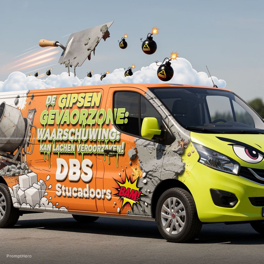 AI generated: Opdracht: De Werkbus-Opdruk voor DBS Stucadoors - "De Gipsen Gevaarzone: Waarschuwing: Kan Lachen Ve...