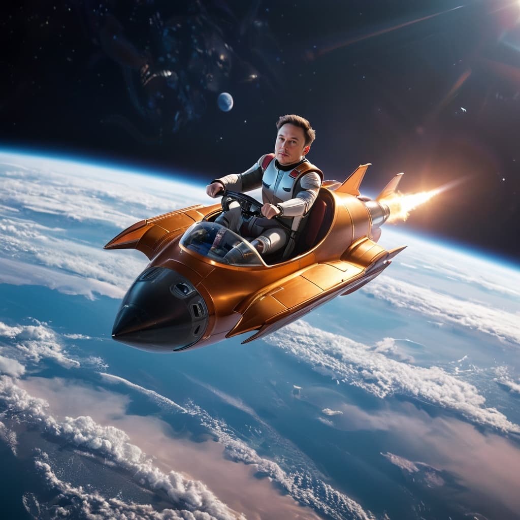 AI generated: Elon Musk riding a futuristic minimalistic toy Rocketship, flying in space, earth at the background,...