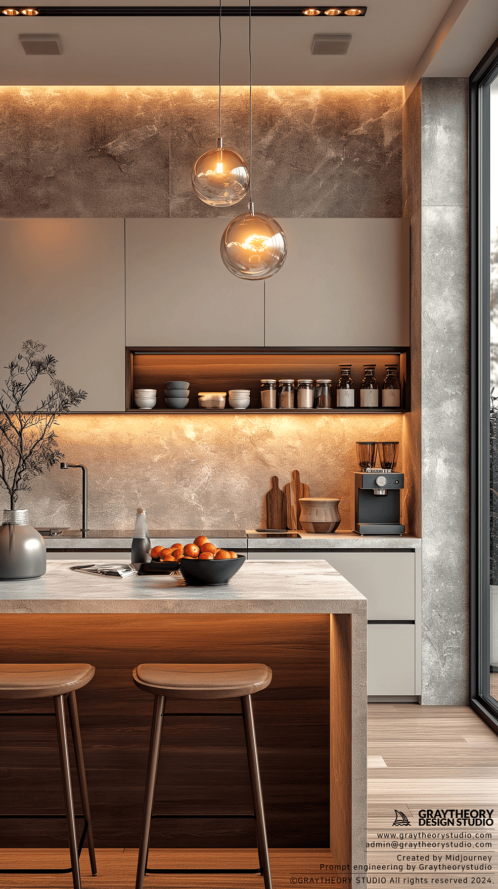 AI generated: modern kitchen, in the pre-dawn light, sleek eggshell white finishes, with a warm grey colors, EF 24...