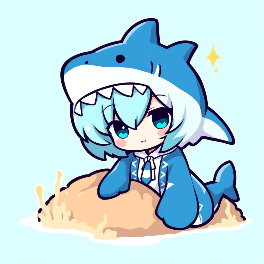 AI generated: best quality,Teal theme,outline,
(chibi:1.2),(medium short hair, gradient hair:1.2), shark on head, ...