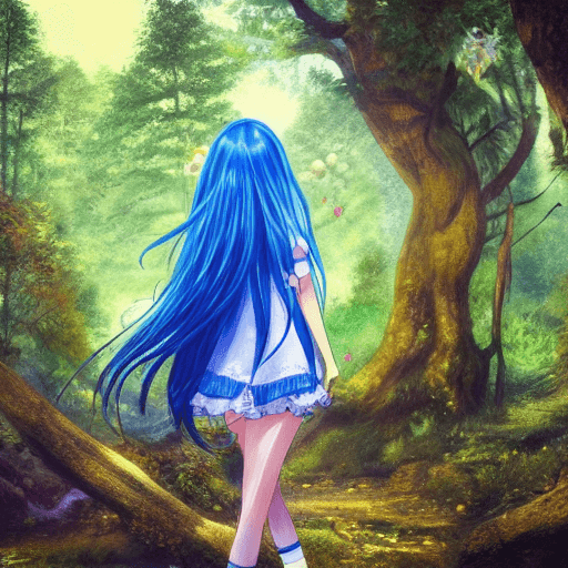 AI generated: cute girl in manga style, blue hair, in magical forest as a background, living in a beautiful house ...