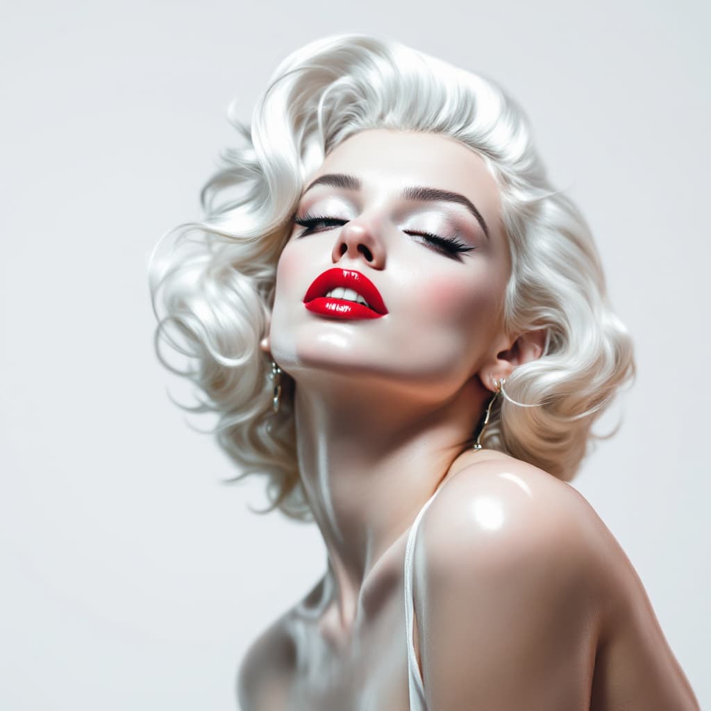 AI generated: white background, beautiful portrait of Marilyn Monroe in white and silver colors, with red lipstick...