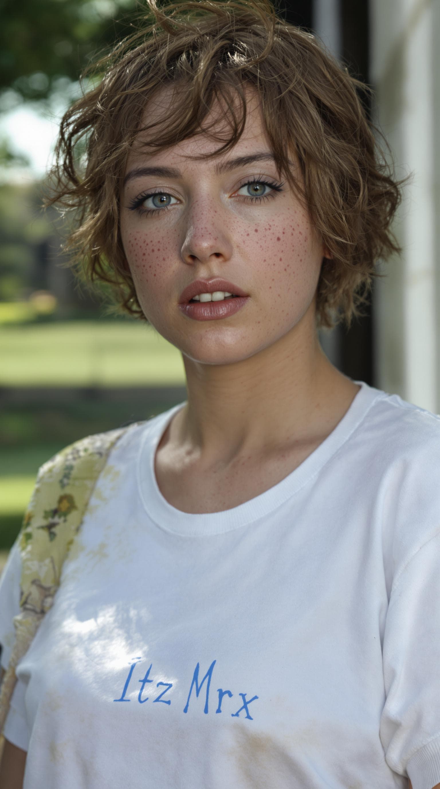 AI generated: detailed and realistic portrait of a woman with a few freckles, round eyes and short messy hair shot...