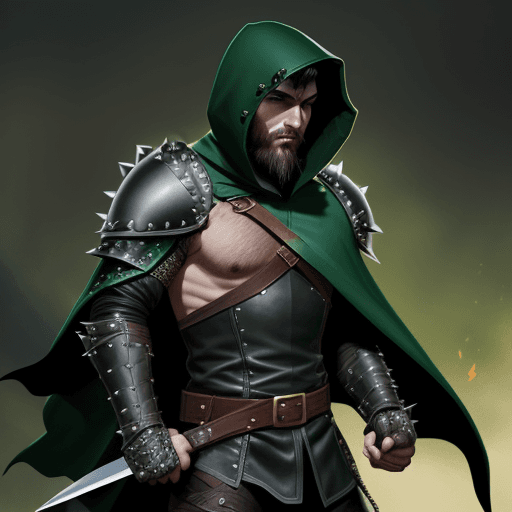 AI generated: illustration, d&d fantasy male rogue, wearing studded leather armor, with two daggers in hands, blac...