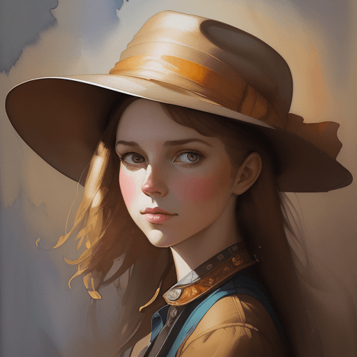AI generated: this watercolor portrait of a girl wearing a hat, in the style of photobashing, david nordahl, peter...