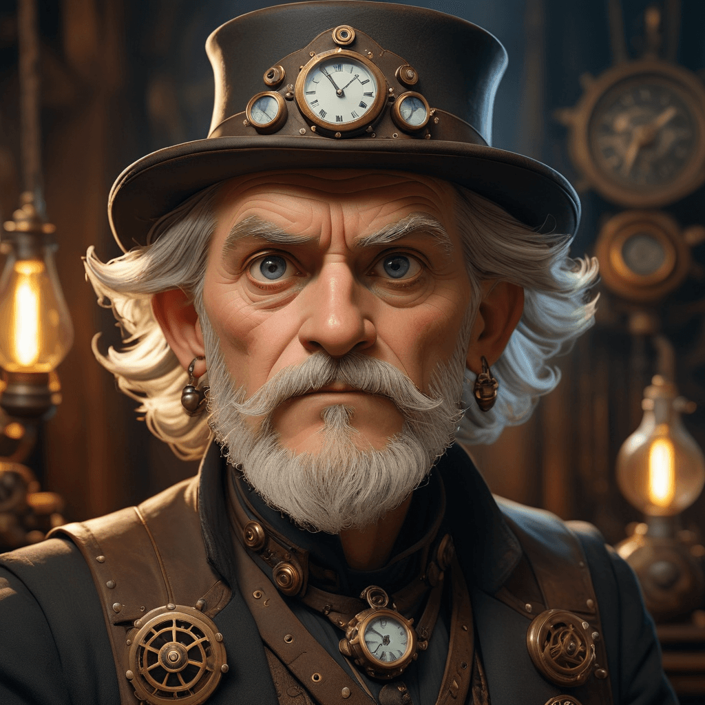 AI generated: an older man, in the style of steampunk, atompunk, aaron jasinski, intense lighting and shadow, baro...