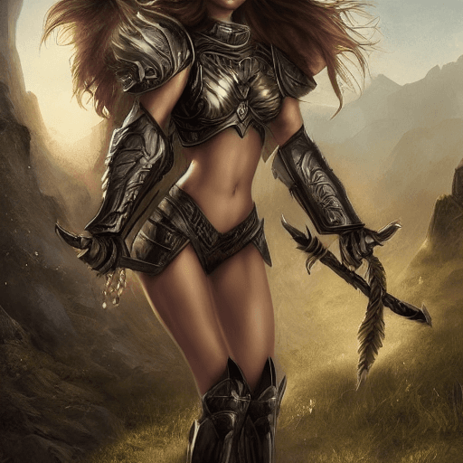 AI generated: female, full body, skimpy armor, cinematic, hyper realism, high detail, fantasy, nature
