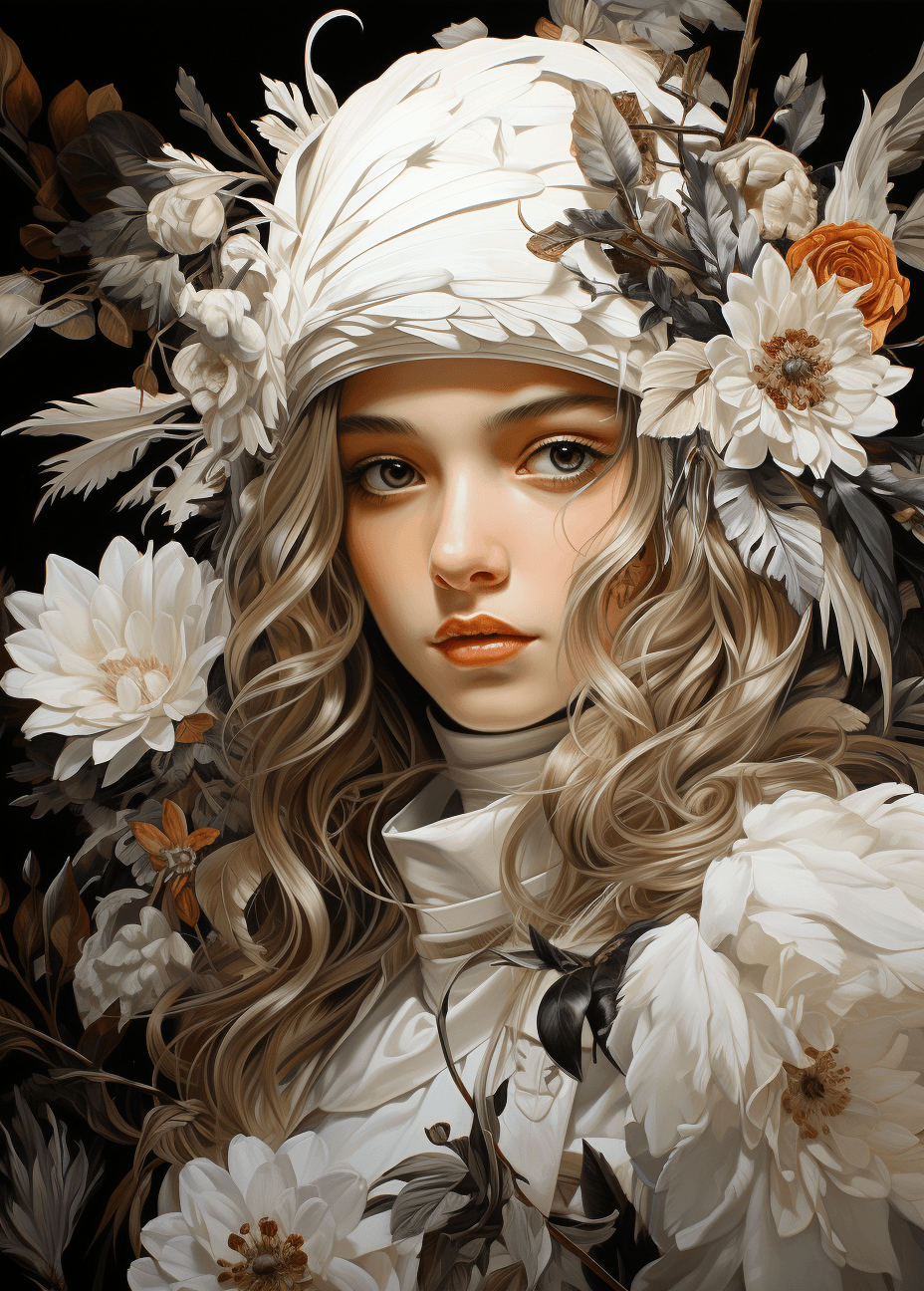AI generated: a girl wearing white headdress, in the style of meticulous realism, dark brown and light black, char...