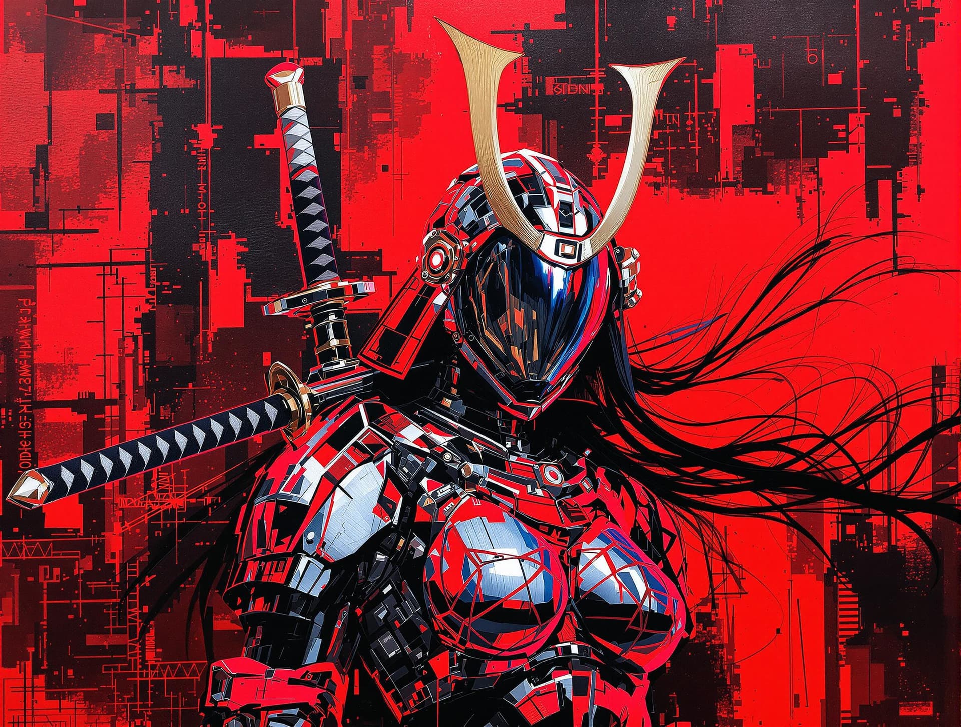 AI generated:  Abstract Expressionism. Medium shot. A female robot samurai stands in a temple, katana on her back....