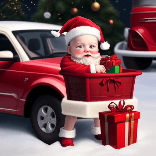 AI generated: realistic baby santa claus, with vasia gift basket and red cars in the background