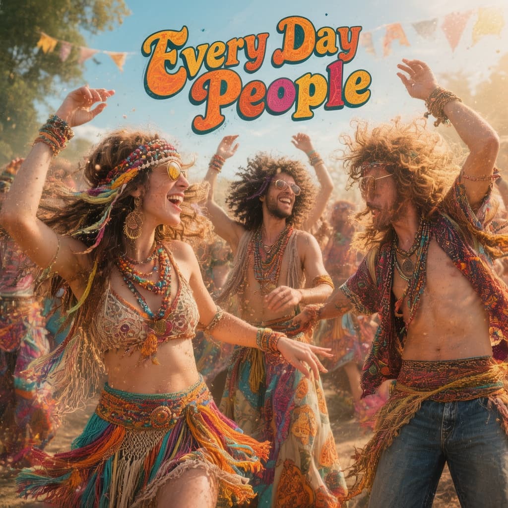 AI generated: Realistic people in hippie-style clothes dancing with the text "Every Day People".