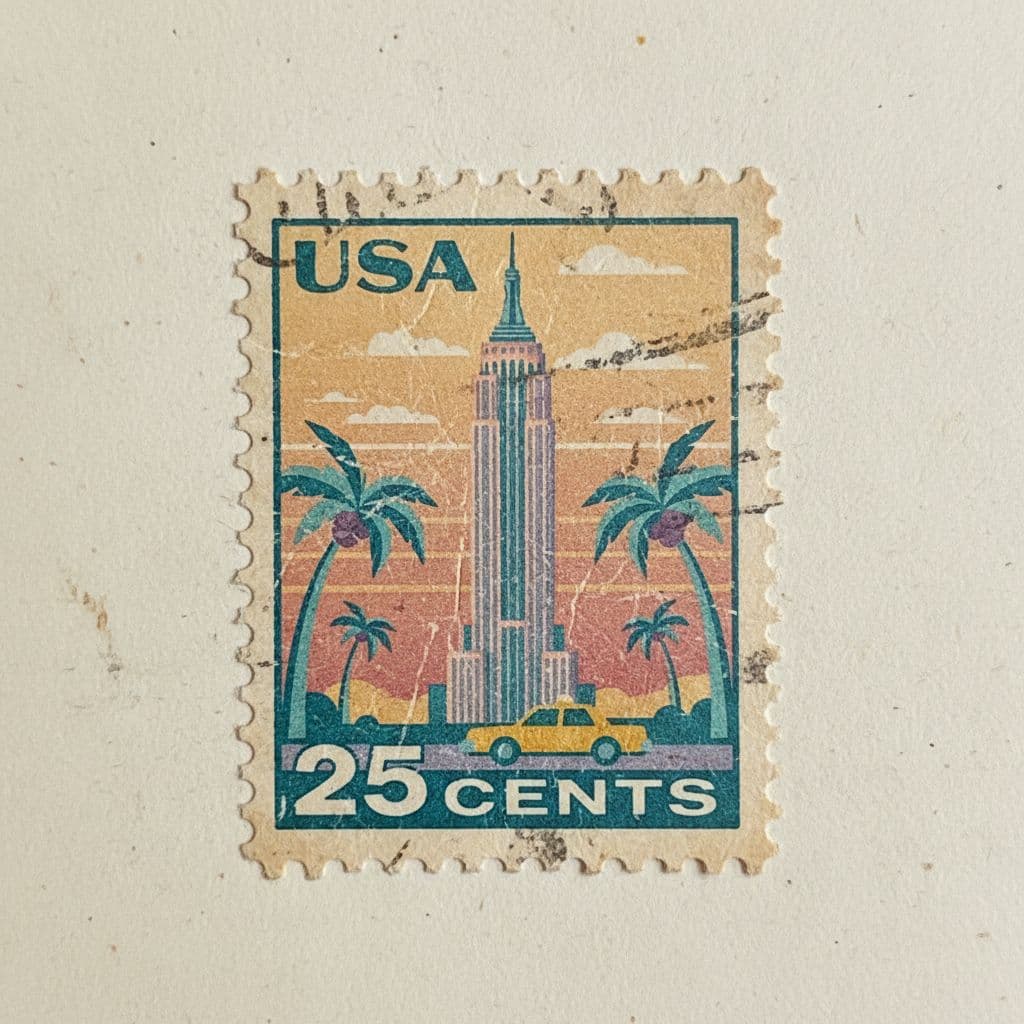 AI generated: Unused postage stamp
80s style
Faded and scratched
Featuring an iconic building in a popular city