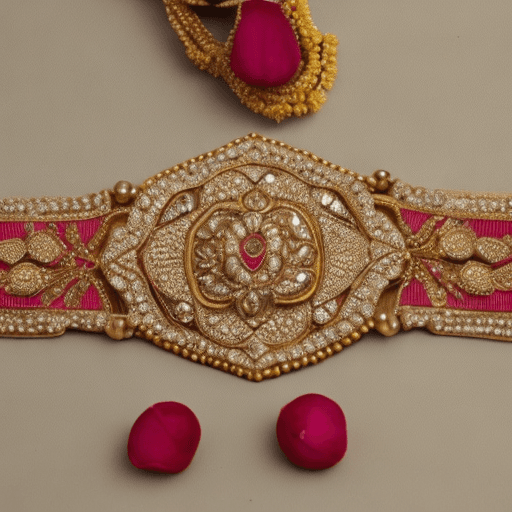 AI generated: Gold Waist belt for indian women wearing a saree with a ruby studded lotus at the center of the wais...