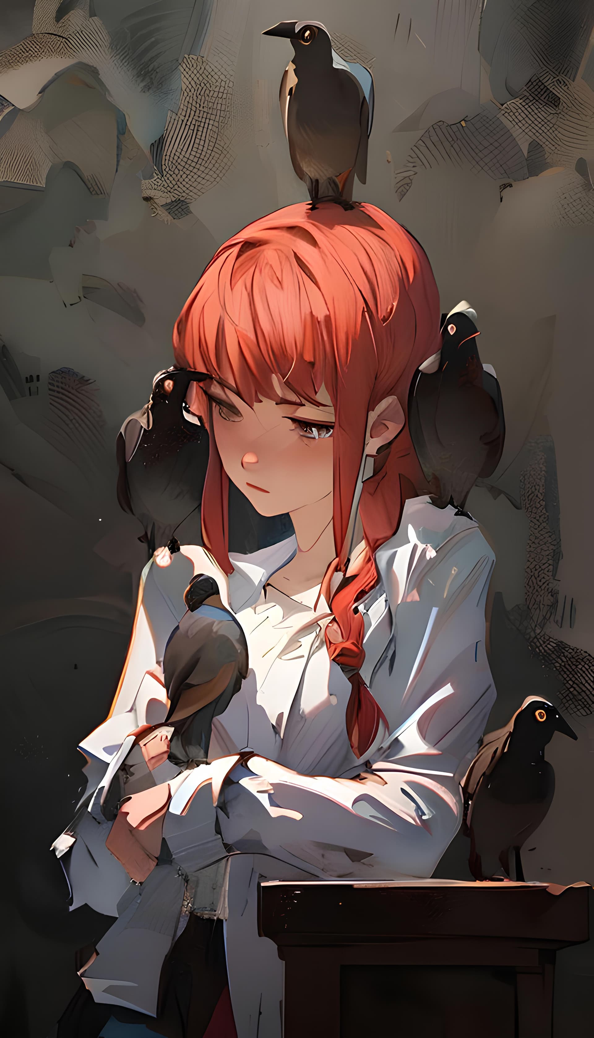 AI generated: a girl with red hair holding a bird on her shoulder, by Yang J, pixiv, realism, crows, with black pi...