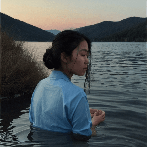 AI generated: The moonlight shines on the lake, and the profile of a young oriental woman is reflected in the micr...
