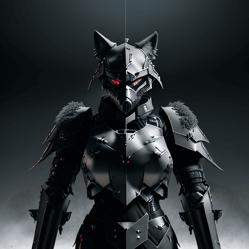 AI generated: black metal wolf soldier character, anthropomorphic figure, wearing futuristic soldier armor and wea...
