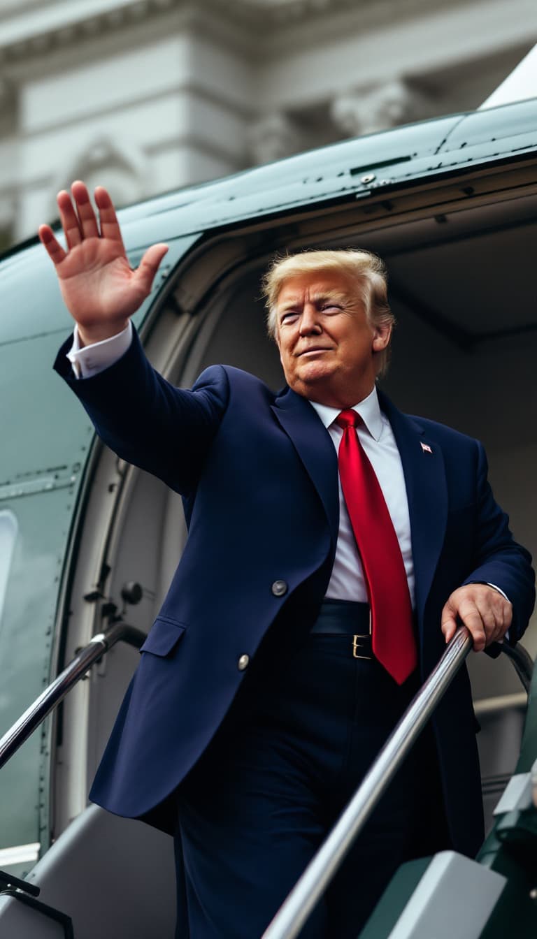 AI generated: realistic, ultra-detailed trump in his dark blue suit and red tie waving goodbye with both hands and...