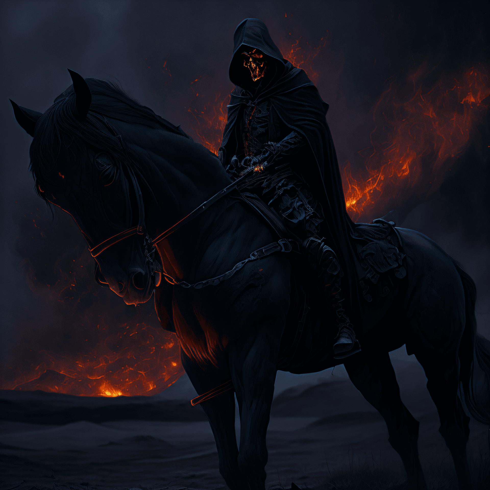 AI generated: burning skull face, wearing a hooded cloak, ominous, (fire embers flying:1.4), dark