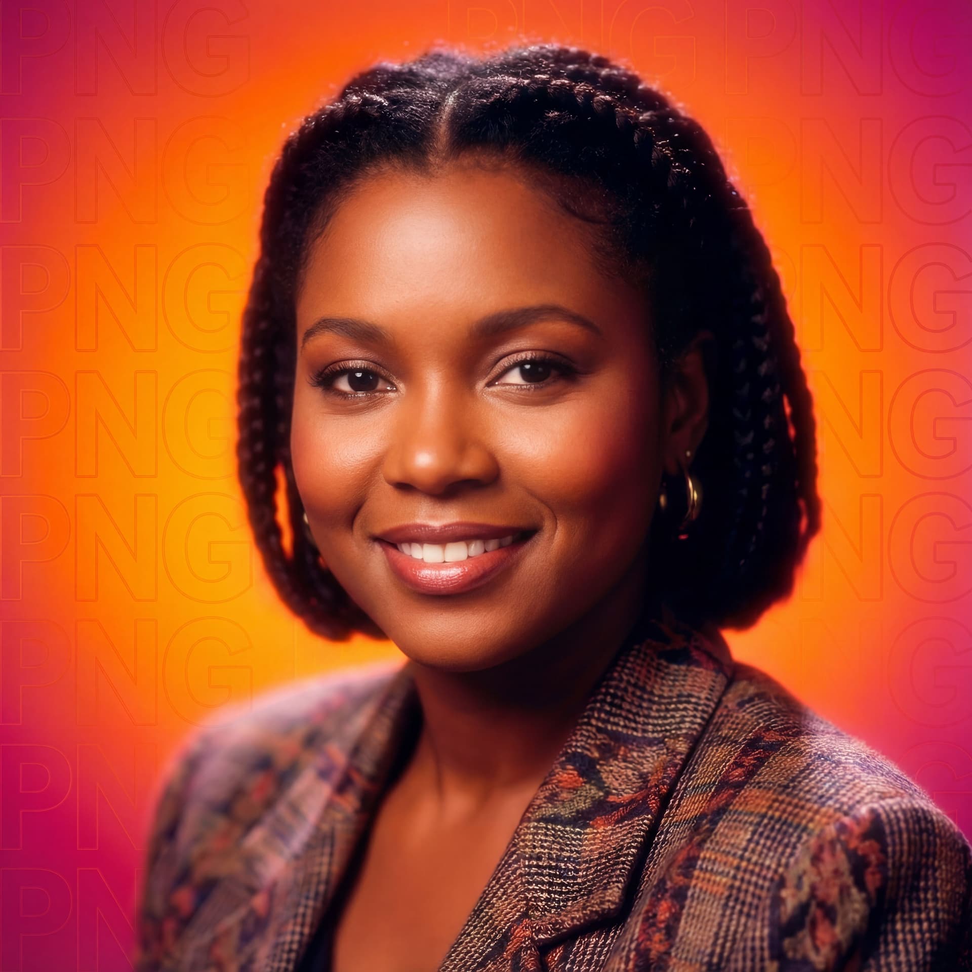 AI generated:  A AIR BRUSHED  portrait of a EBONY woman, vibrant hot PNG BACKGROUND using a camera setup that mimi...