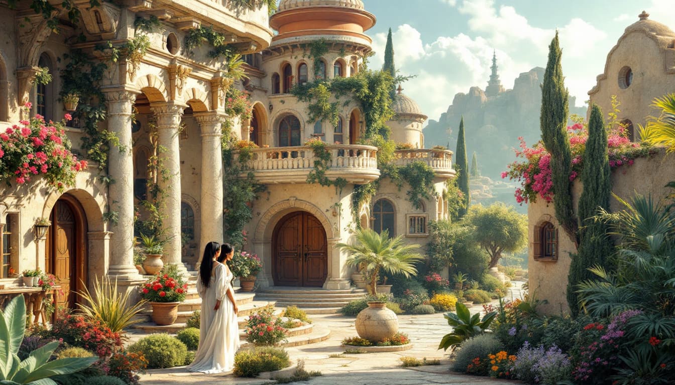 AI generated: a female couple woman from another world standing in front of a building on a habitable planet, arch...